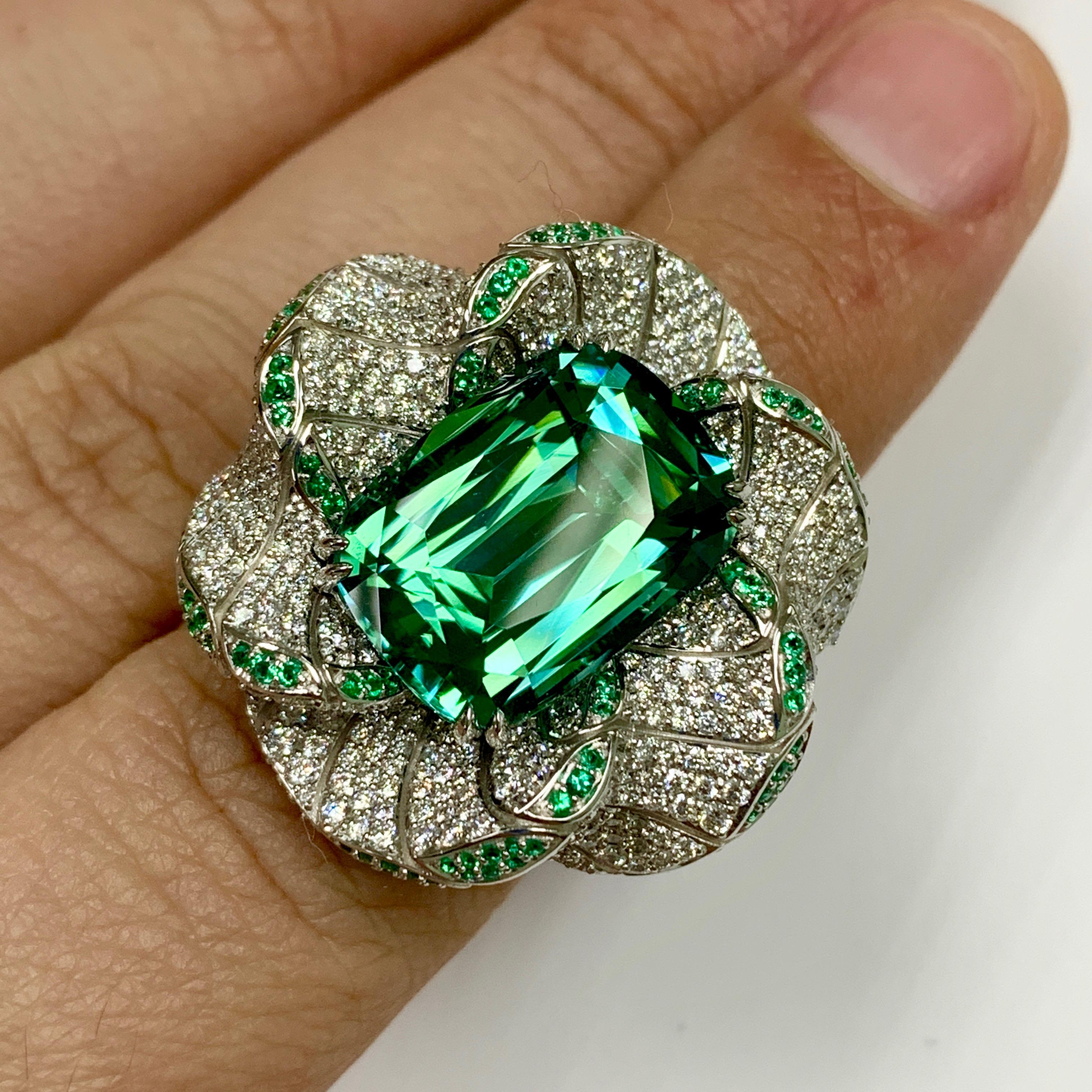 Women's Tourmaline Diamonds Emeralds 18 Karat White Gold DNA Ring For Sale