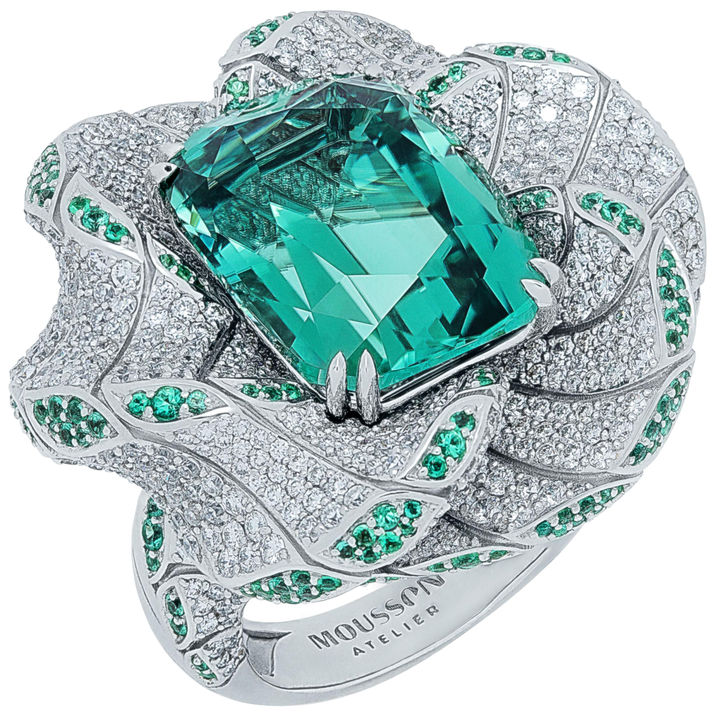 Tourmaline Diamonds Emeralds 18 Karat White Gold DNA Ring For Sale