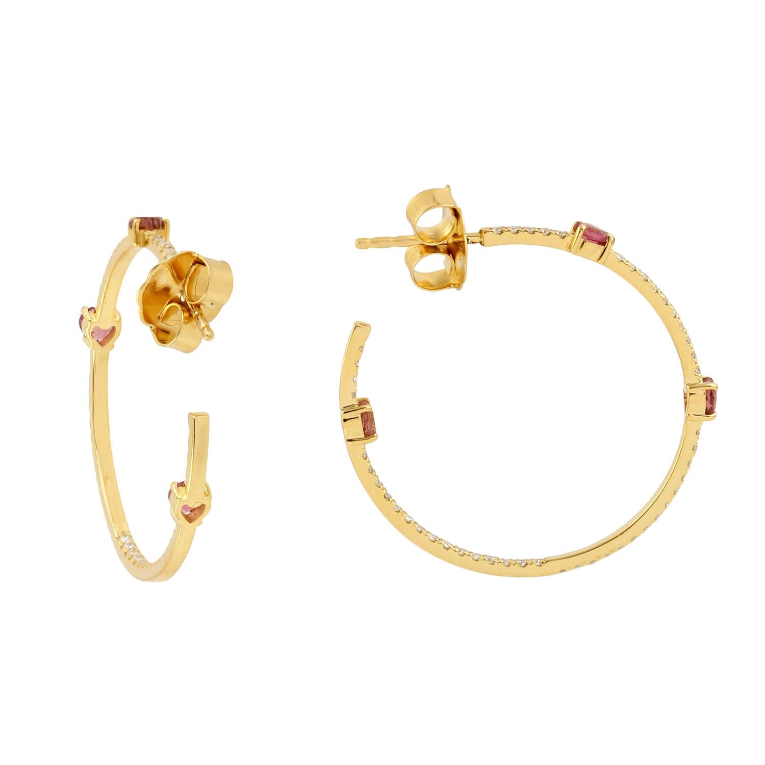 Artisan Boucles d'oreilles en or jaune 14k avec tourmaline et diamants en vente