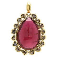 Tourmaline & Diamonds Pendant 18 Karat Yellow Gold Natural Large Pink Gemstone