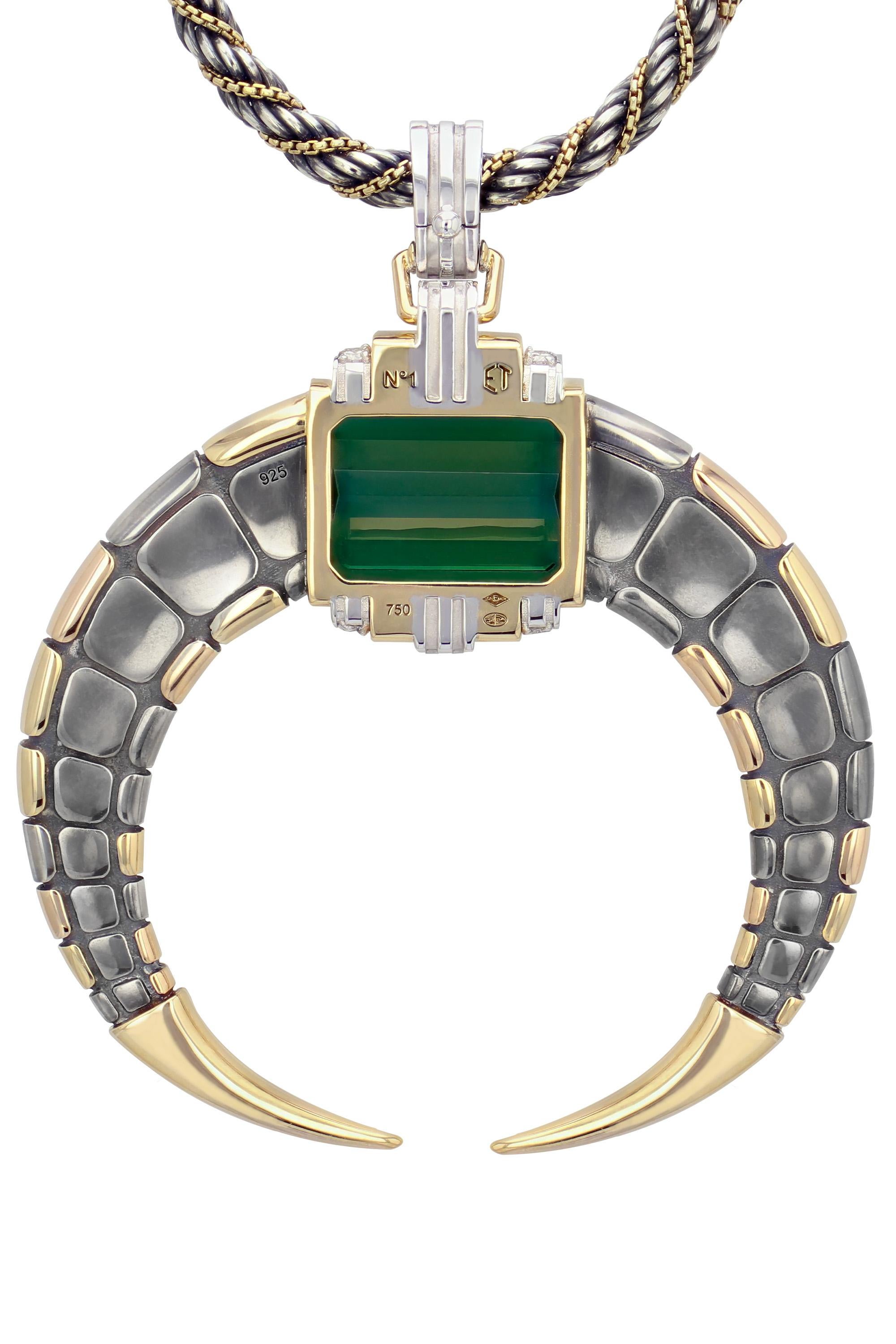 Emerald Cut Tourmaline Double Dorsale Pendant by Elie Top For Sale