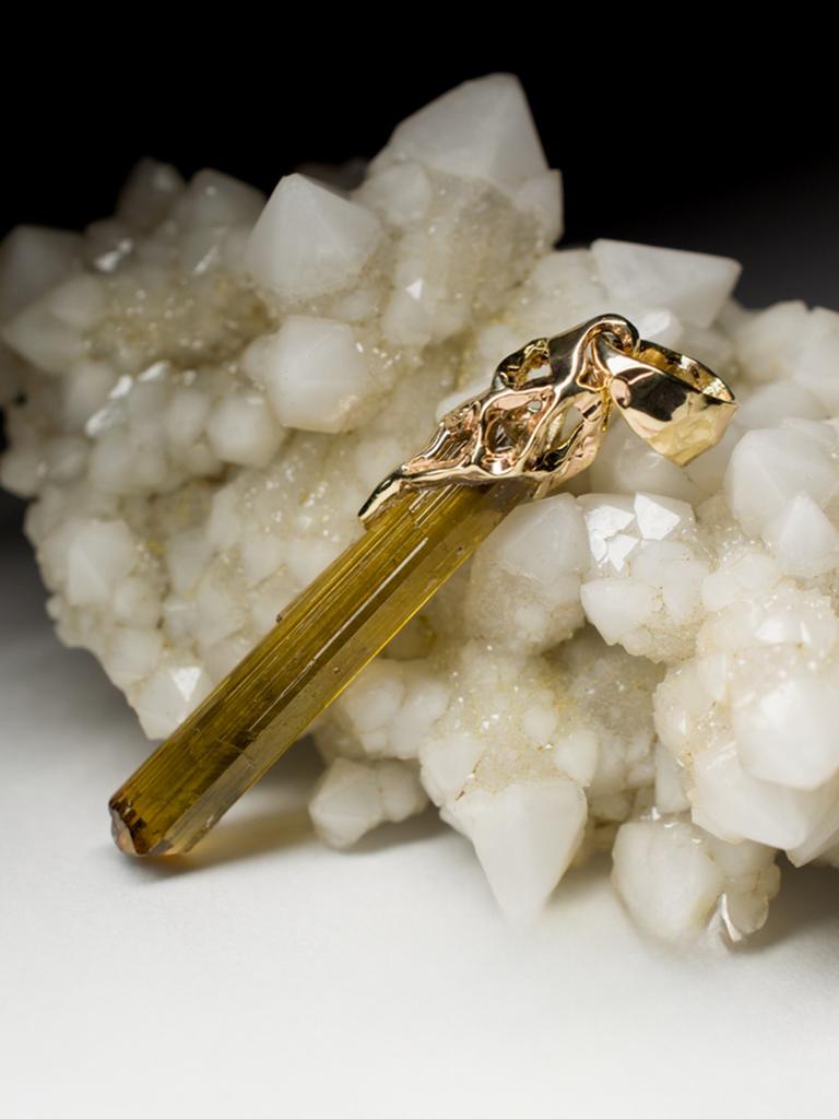 Art Nouveau Tourmaline Dravite Crystal Gold Pendant Brownish Green Healing Raw Uncut Stone For Sale