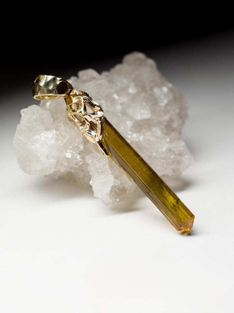 Women's or Men's Tourmaline Dravite Crystal Gold Pendant Brownish Green Healing Raw Uncut Stone For Sale