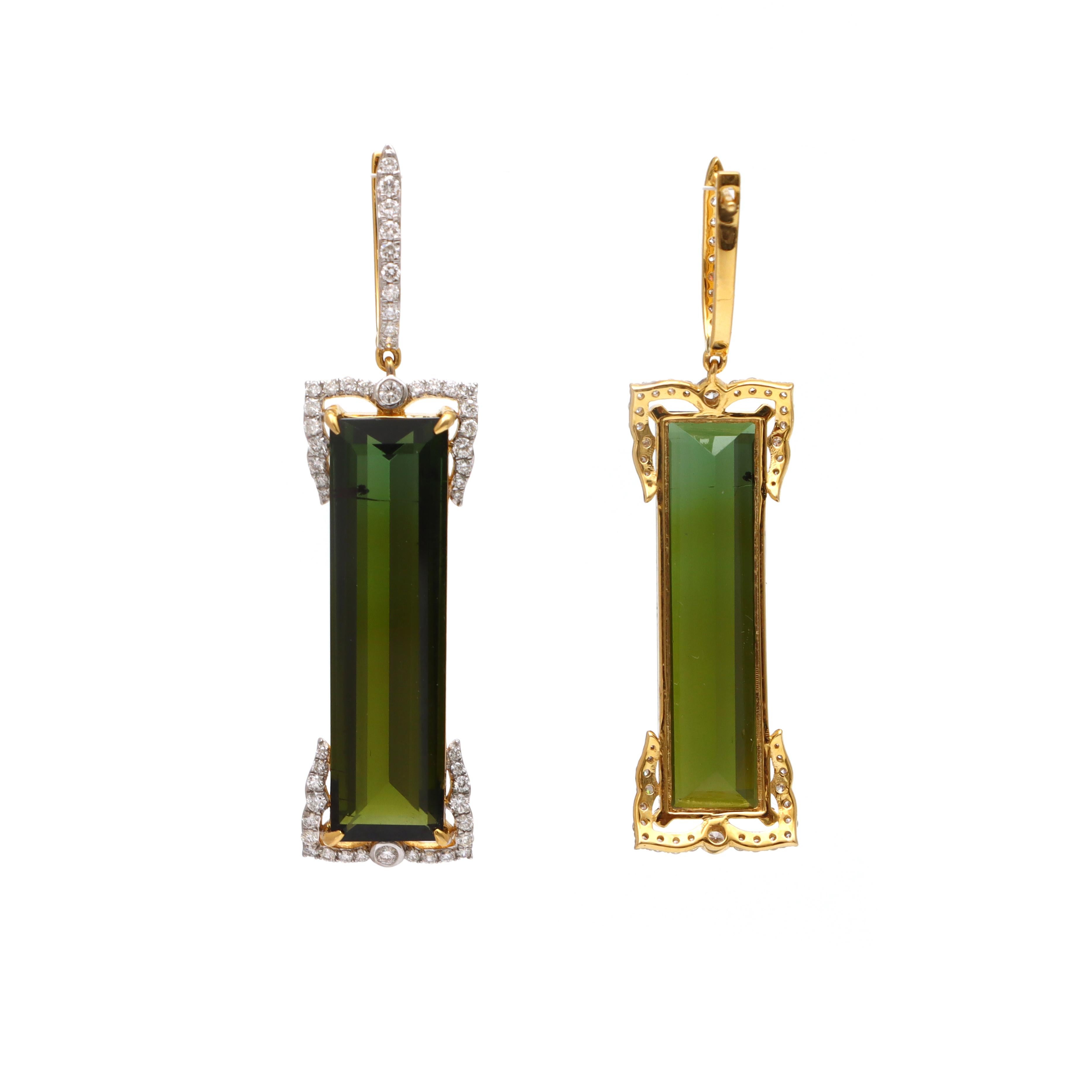 Taille radiant Boucles d'oreilles Tourmaline Boucles d'oreilles Tourmaline verte en or jaune 18k Bijoux pour femmes en vente