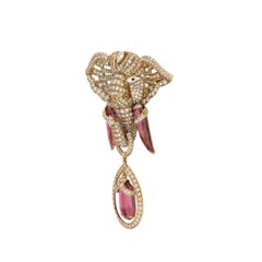 Tourmaline Elephant 18 Karat Gold Diamond Antique Style Brooch Necklace