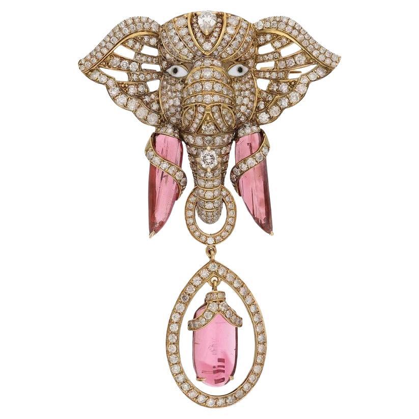 Tourmaline Elephant 18 Karat Gold Diamond Antique Style Brooch Necklace
