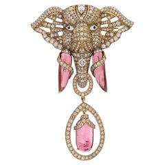 Tourmaline Elephant 18 Karat Gold Diamond Antique Style Brooch Necklace