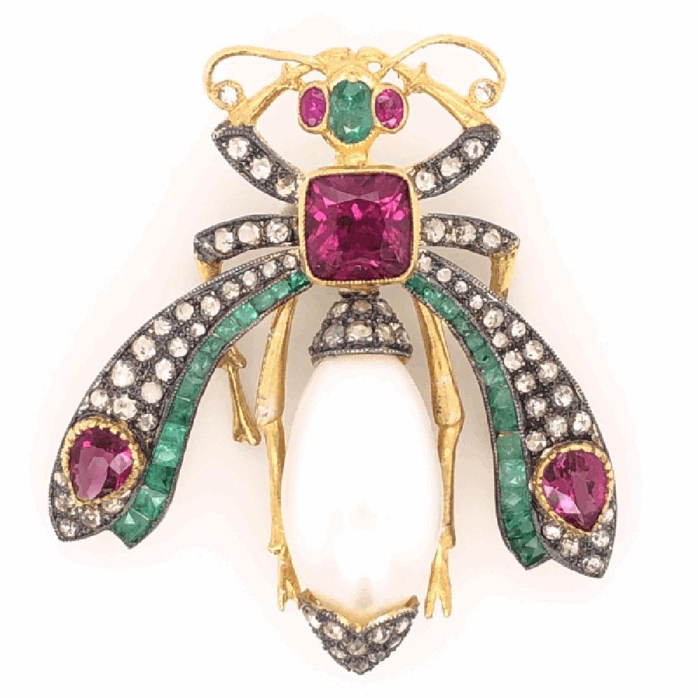 Elegant & Finely detailed Vintage Scarab Beetle Brooch set with Pink Tourmaline, weighing approx. 2.50 total carats, Diamonds, weighing approx. 1.90 total carats and Emeralds, weighing approx. 0.83 total carats Approx. size: 1 5/8  inches tall. Hand