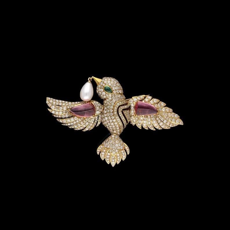 Art Deco Tourmaline Emerald Diamond 18 Karat Gold Flying Bird Vintage Style Pearl Brooch For Sale