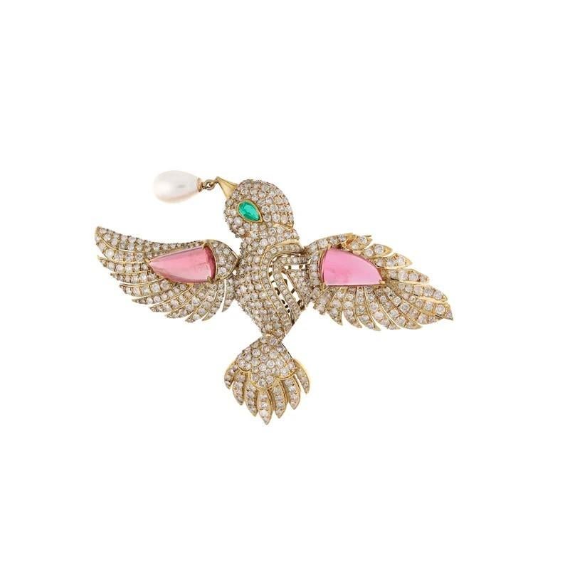 Mixed Cut Tourmaline Emerald Diamond 18 Karat Gold Flying Bird Vintage Style Pearl Brooch For Sale