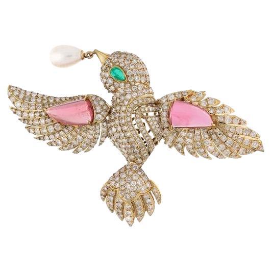 Tourmaline Emerald Diamond 18 Karat Gold Flying Bird Vintage Style Pearl Brooch For Sale