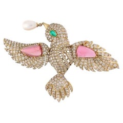 Tourmaline Emerald Diamond 18 Karat Gold Flying Bird Vintage Style Pearl Brooch