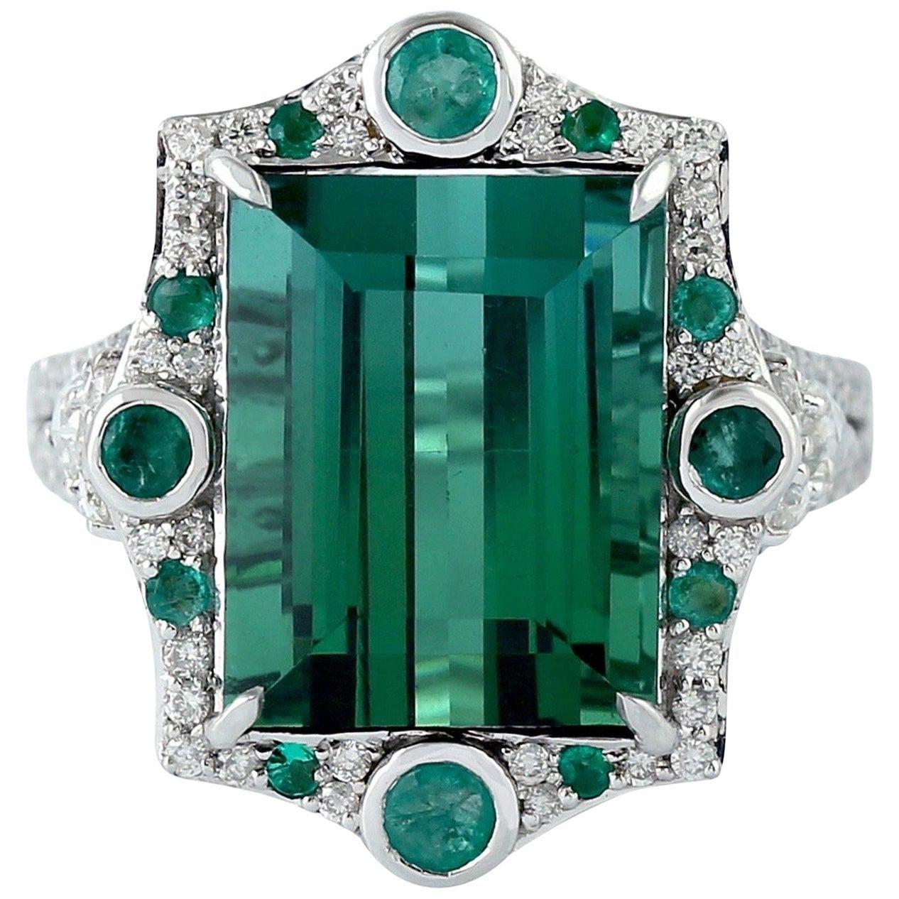Turmalin-Smaragd-Diamant-Ring aus 18 Karat Gold