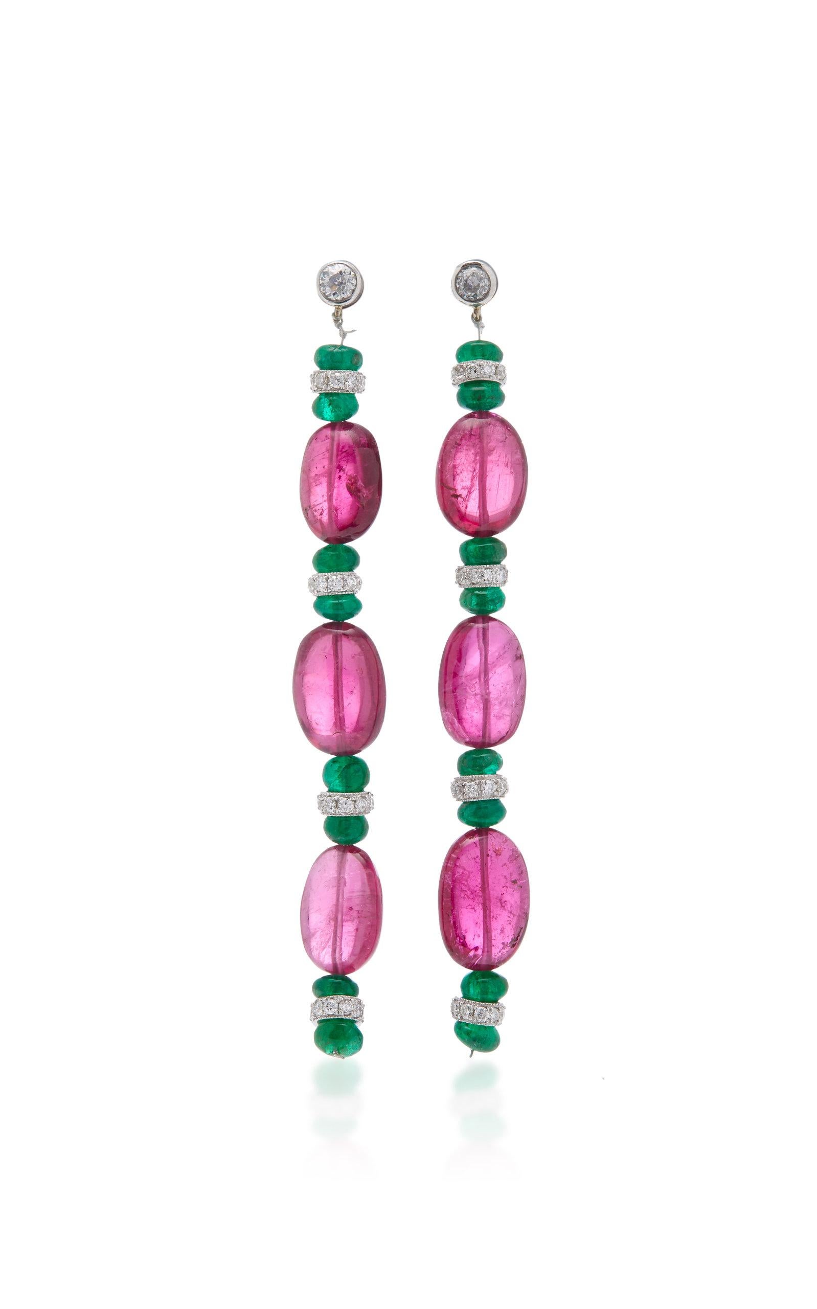 Ear-pendants in 18kt white gold with 6 pink tourmalines and 14 emerald beads, 2 round brilliant cut diamonds, and diamond rondelles. Made in Italy, circa 1990.