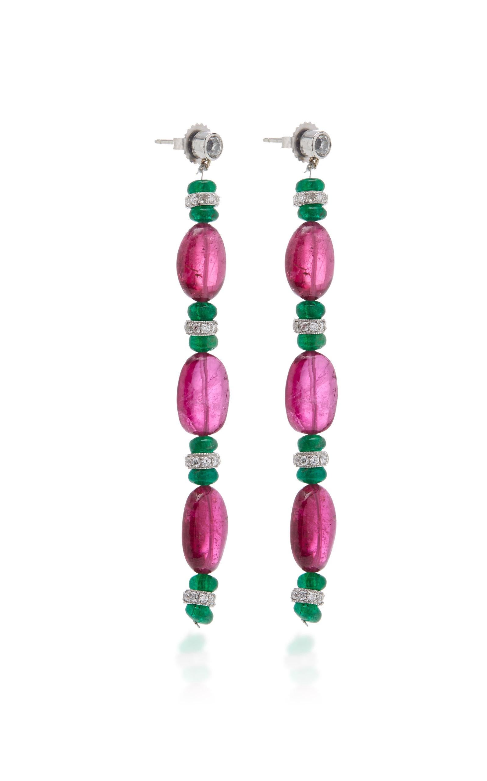 Tourmaline Emerald Diamond Ear Pendants In Good Condition In New York, NY