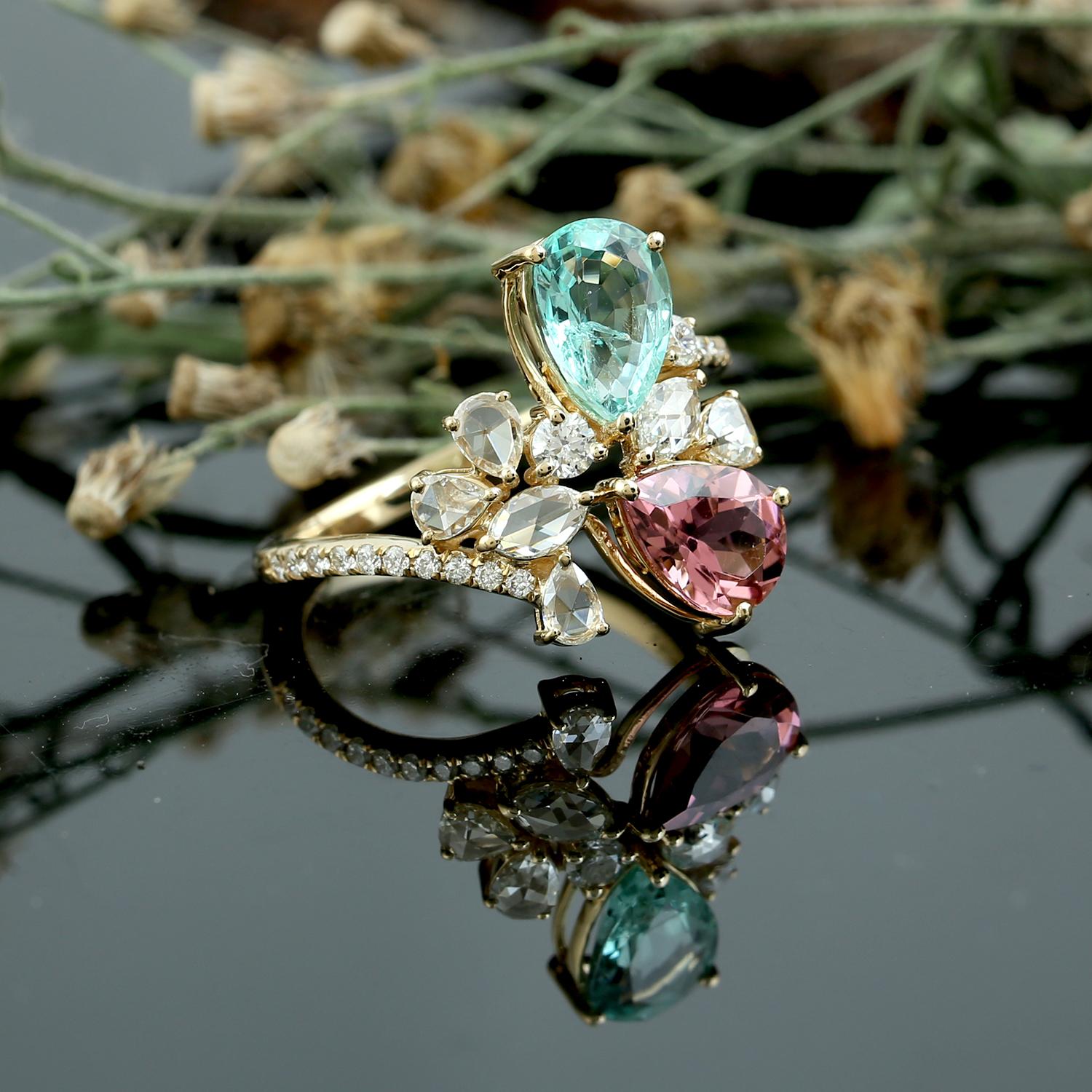 Moderne Bague en or 14 carats avec tourmaline, émeraude et diamant taille rose en vente