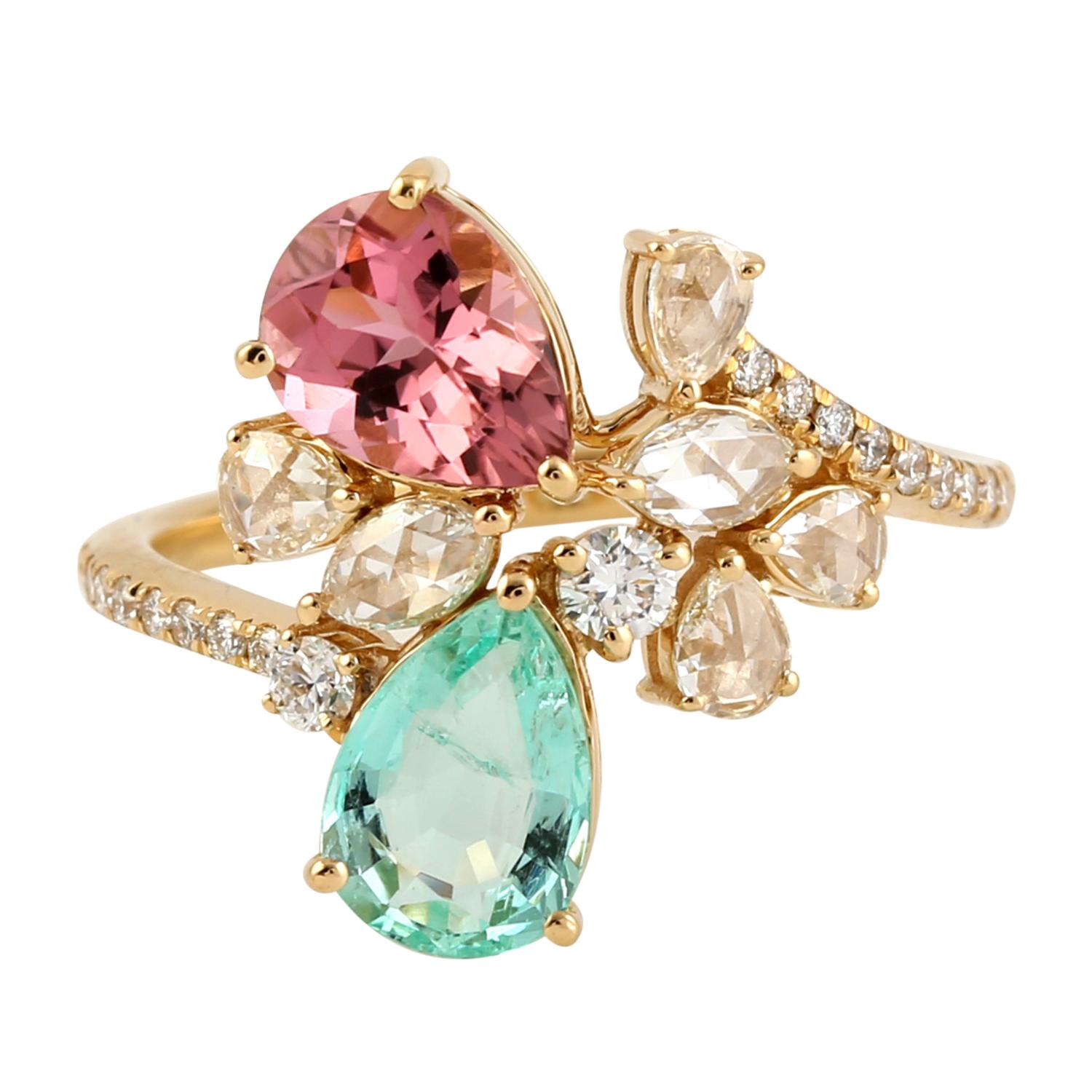 Pear Cut Tourmaline Emerald Rosecut Diamond 14 Karat Gold Ring For Sale