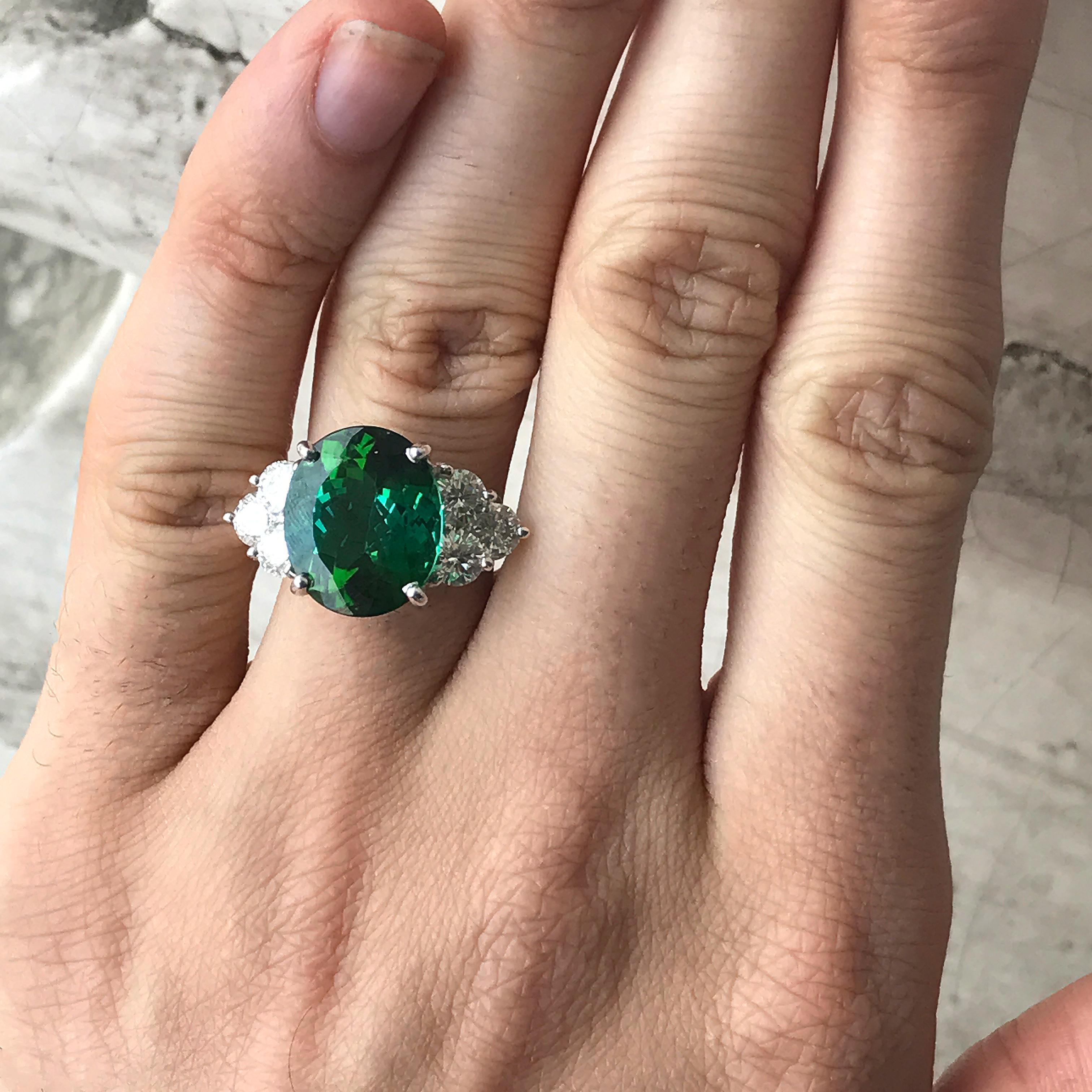 Oval Cut Tourmaline Engagement Ring 9.70 Carat TW, Oval Center Set in Platinum For Sale