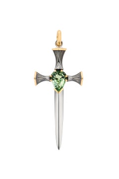 Tourmaline Épée Pendant in 18k Yellow Gold & Distressed Silver by Elie Top