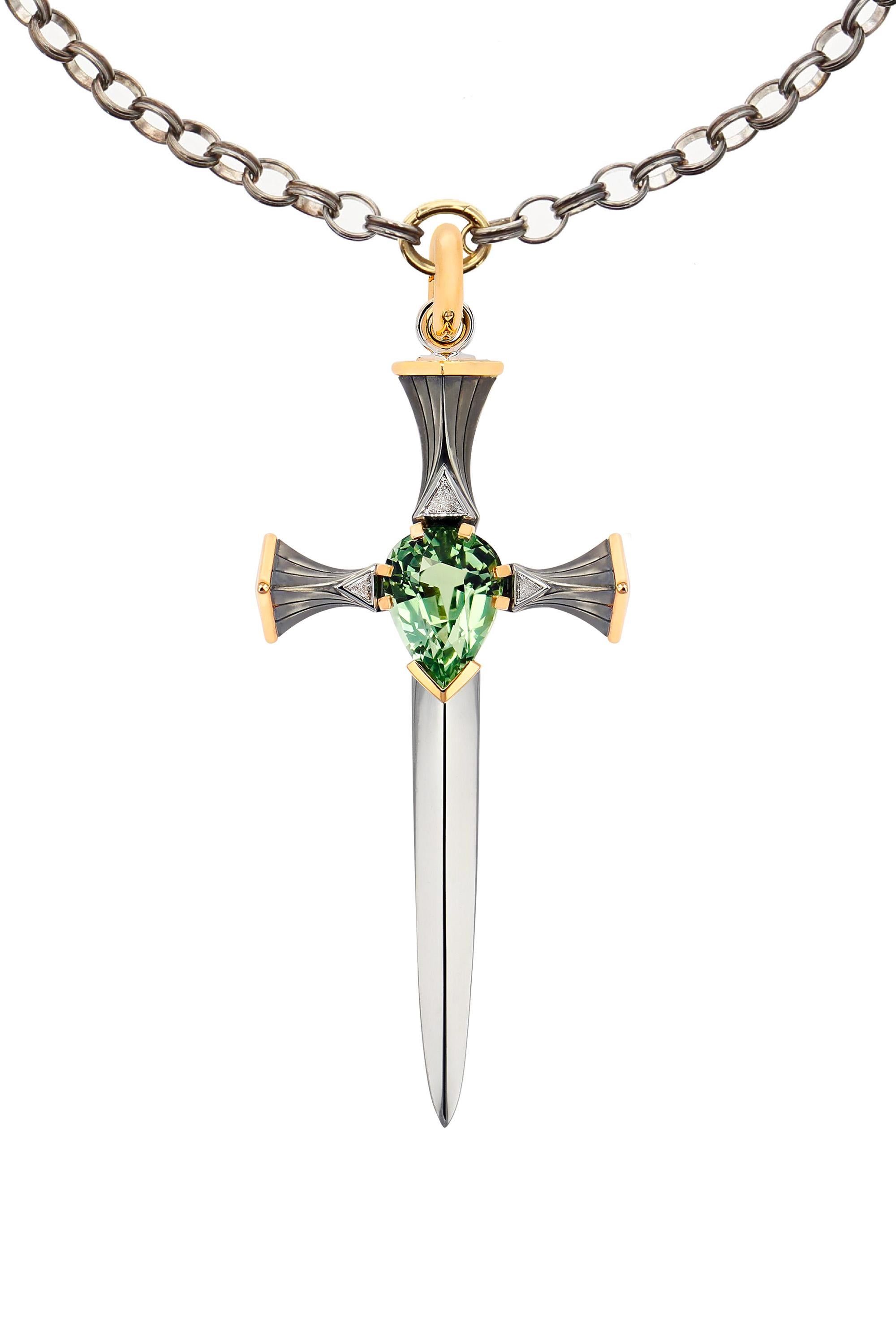 Neoclassical Tourmaline Épée Pendant in 18k Yellow Gold & Distressed Silver by Elie Top For Sale