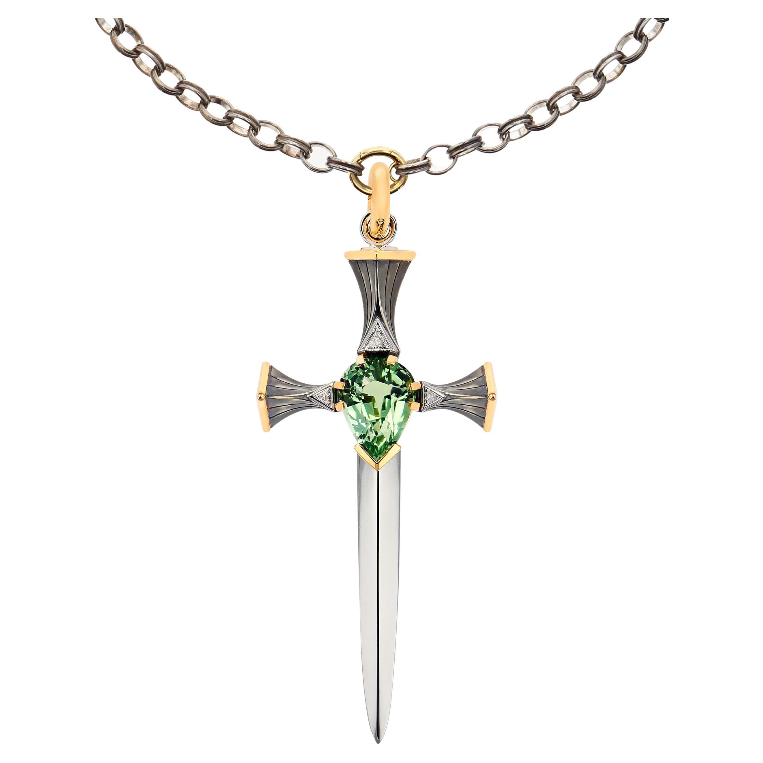 Tourmaline Épée Pendant in 18k Yellow Gold & Distressed Silver by Elie Top For Sale