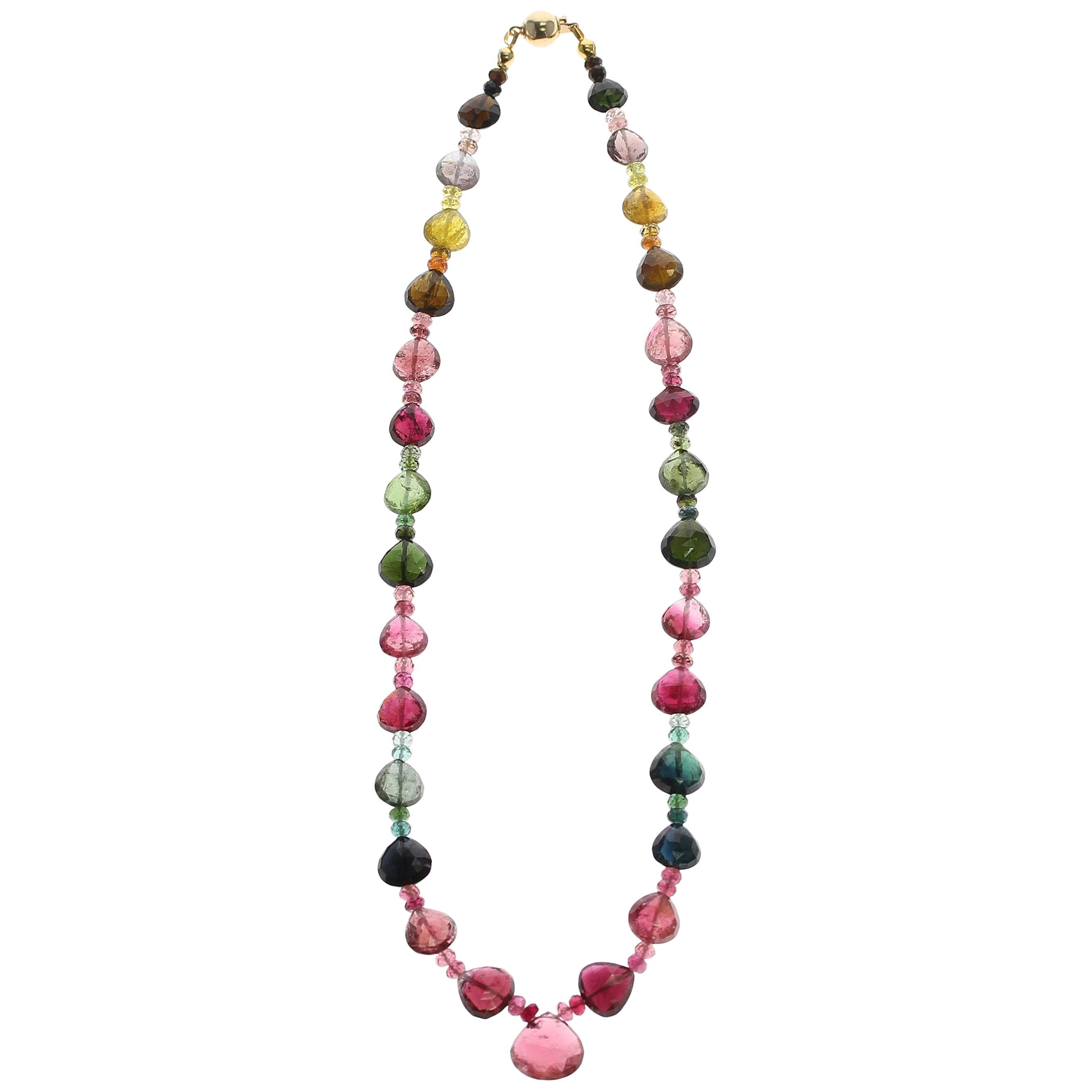 Tourmaline Faceted Drops with Beads Necklace, Yellow Gold-Plated Clasp