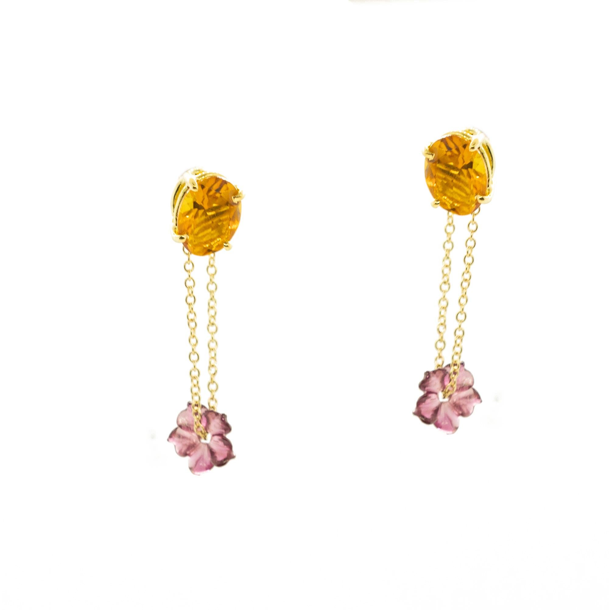 Arts and Crafts Boucles d'oreilles en or 18 carats avec tourmaline, fleur et citrine, chaîne Musketeer, Intini Jewels en vente