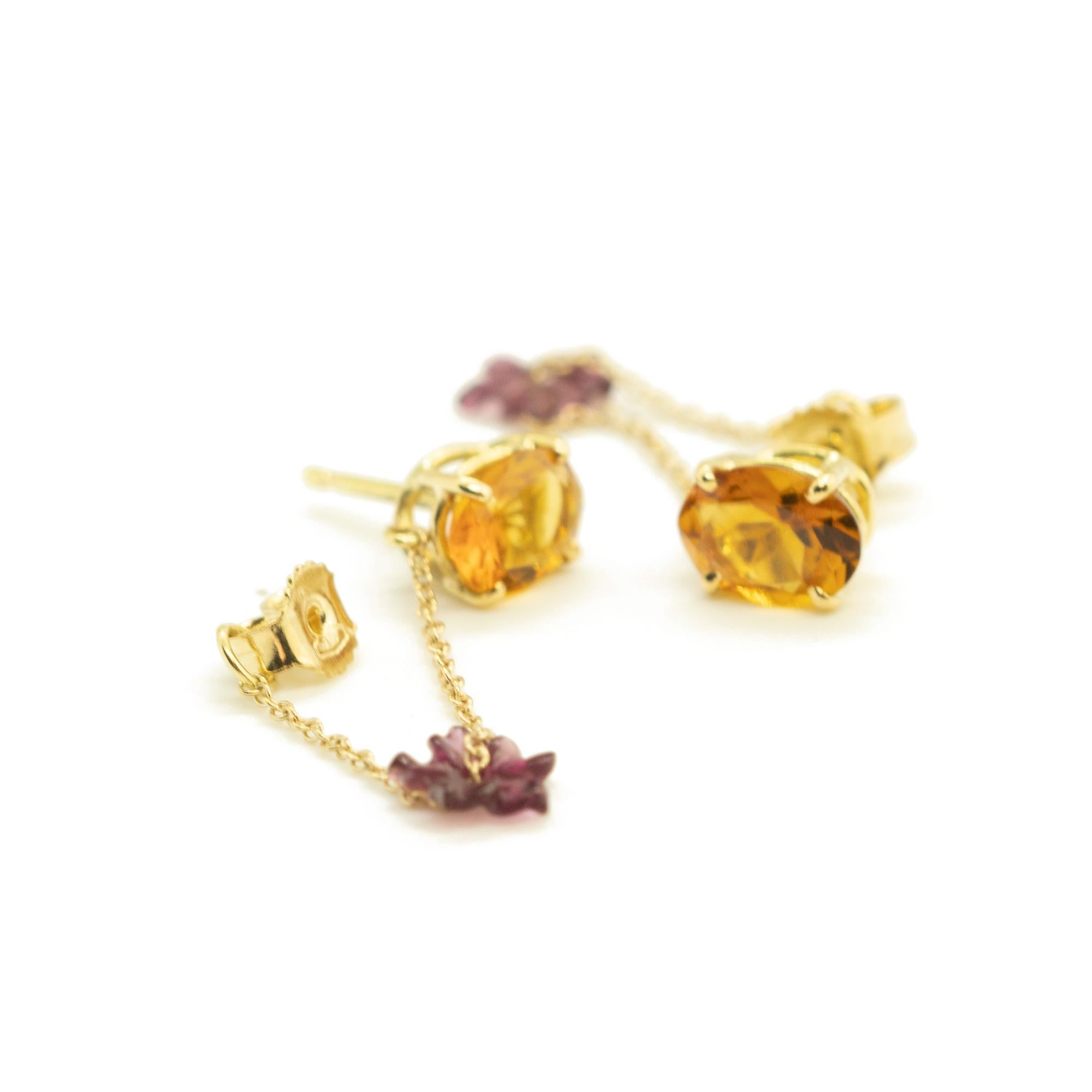 Boucles d'oreilles en or 18 carats avec tourmaline, fleur et citrine, chaîne Musketeer, Intini Jewels Neuf - En vente à Milano, IT