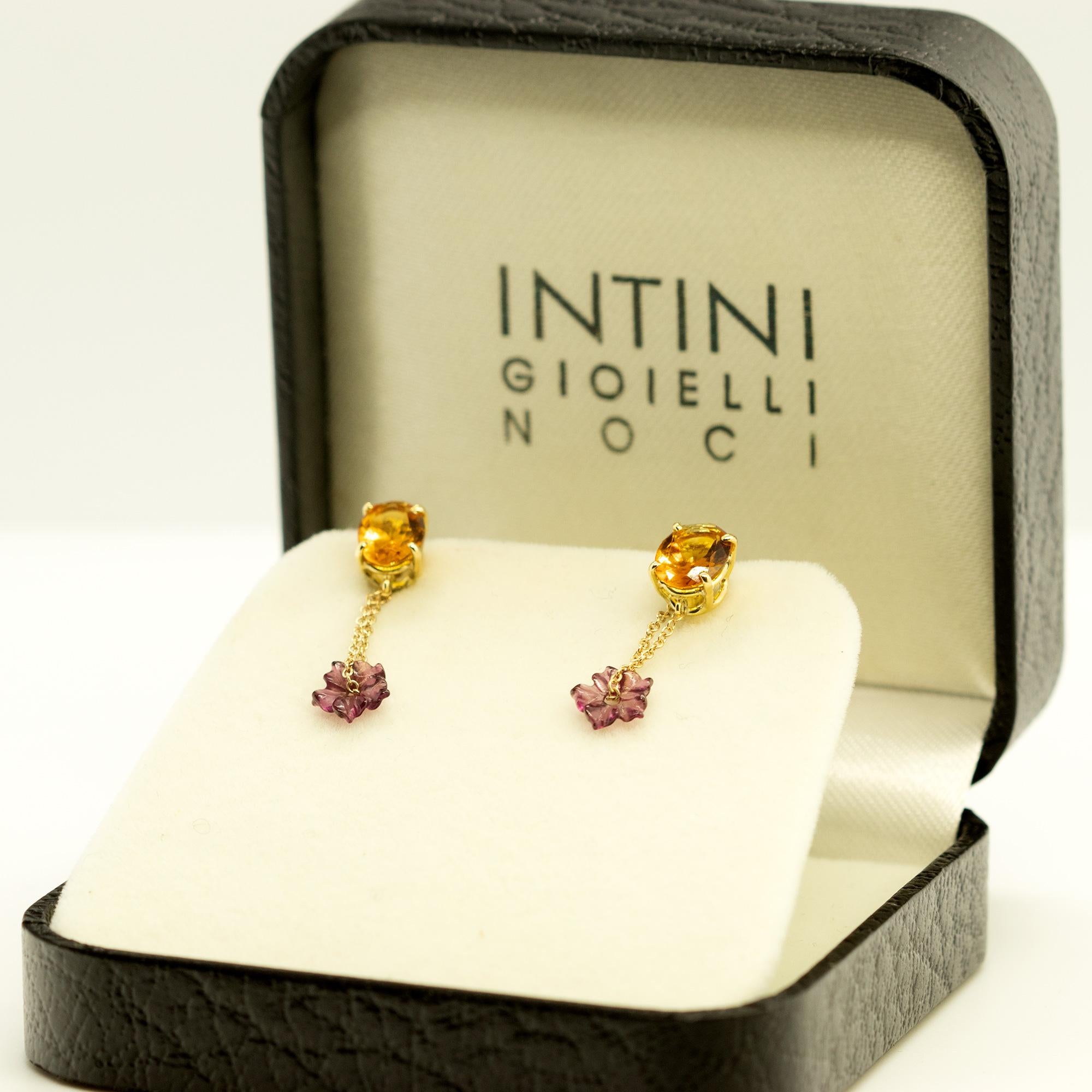 Boucles d'oreilles en or 18 carats avec tourmaline, fleur et citrine, chaîne Musketeer, Intini Jewels Pour femmes en vente