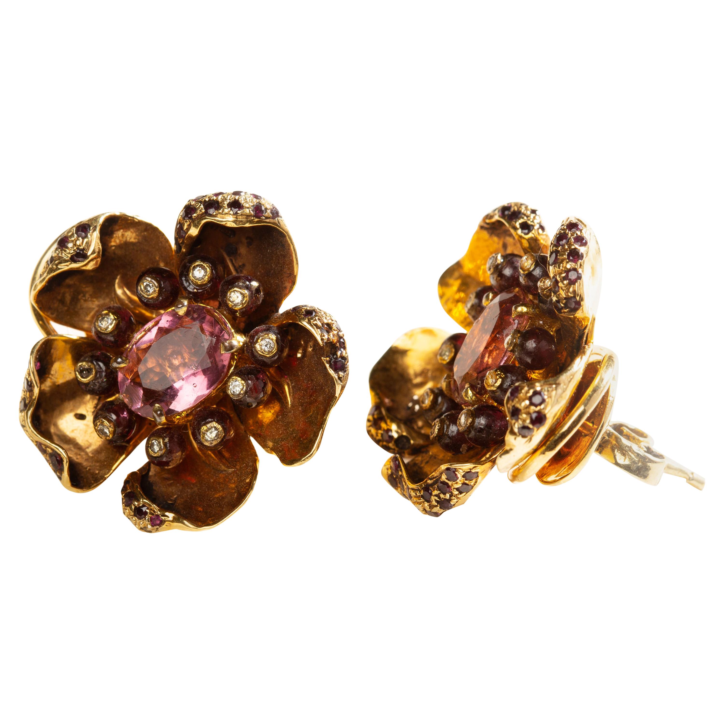 Pendientes Flor de Turmalina Plata con Oro de 24 Kilates Vermeil, Diamantes y Gemas