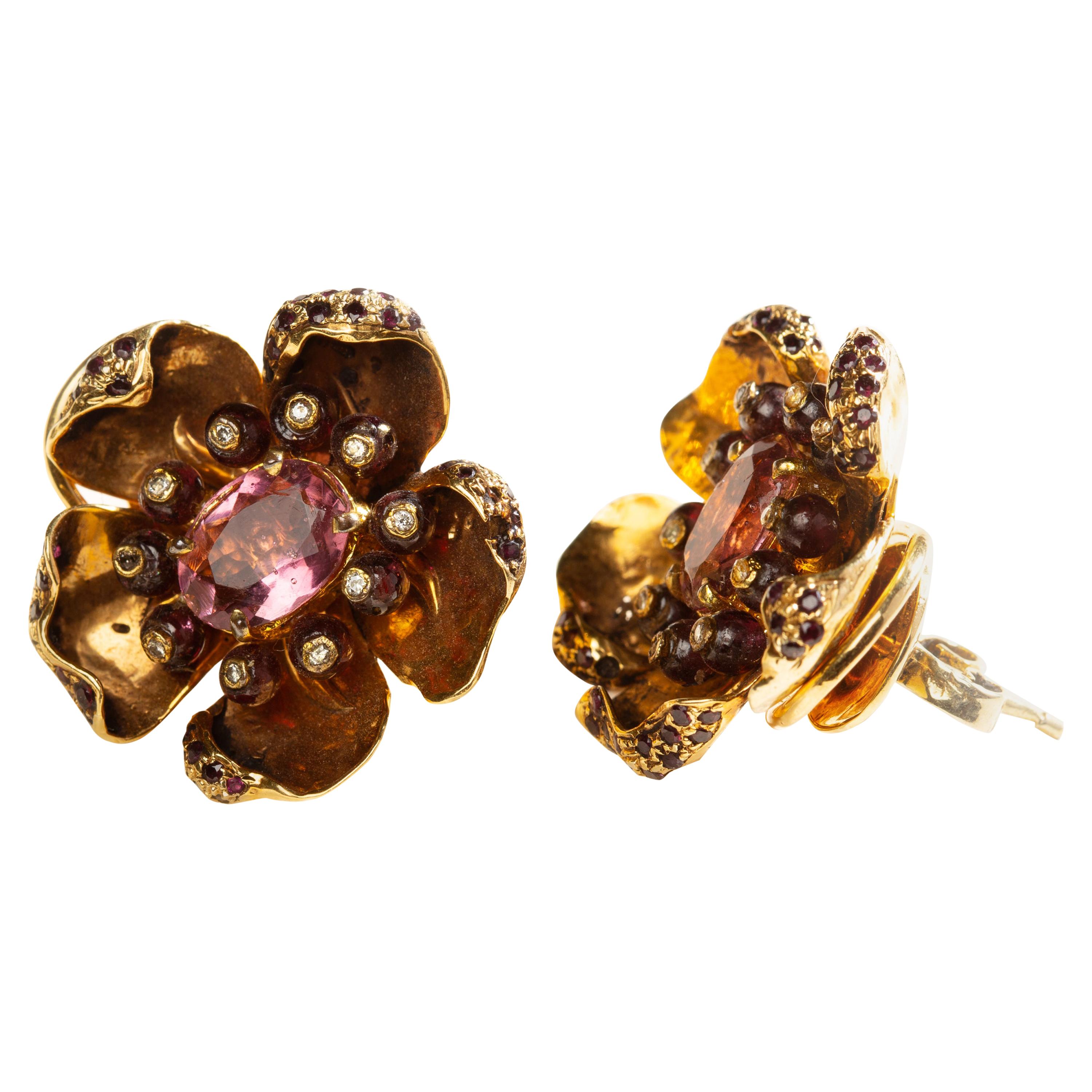 Tourmaline Flower Earrings Silver with 24 Karat Gold Vermeil, Diamonds and Gems For Sale