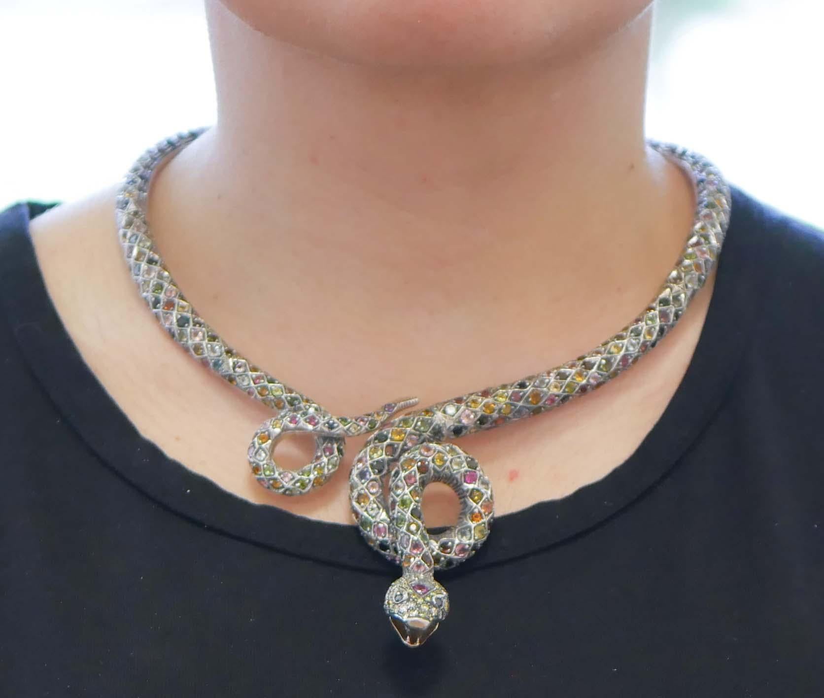 Women's Tourmaline, Garnet, Topaz, Peridots, Amethyst, Diamond Gold and Silver Necklace