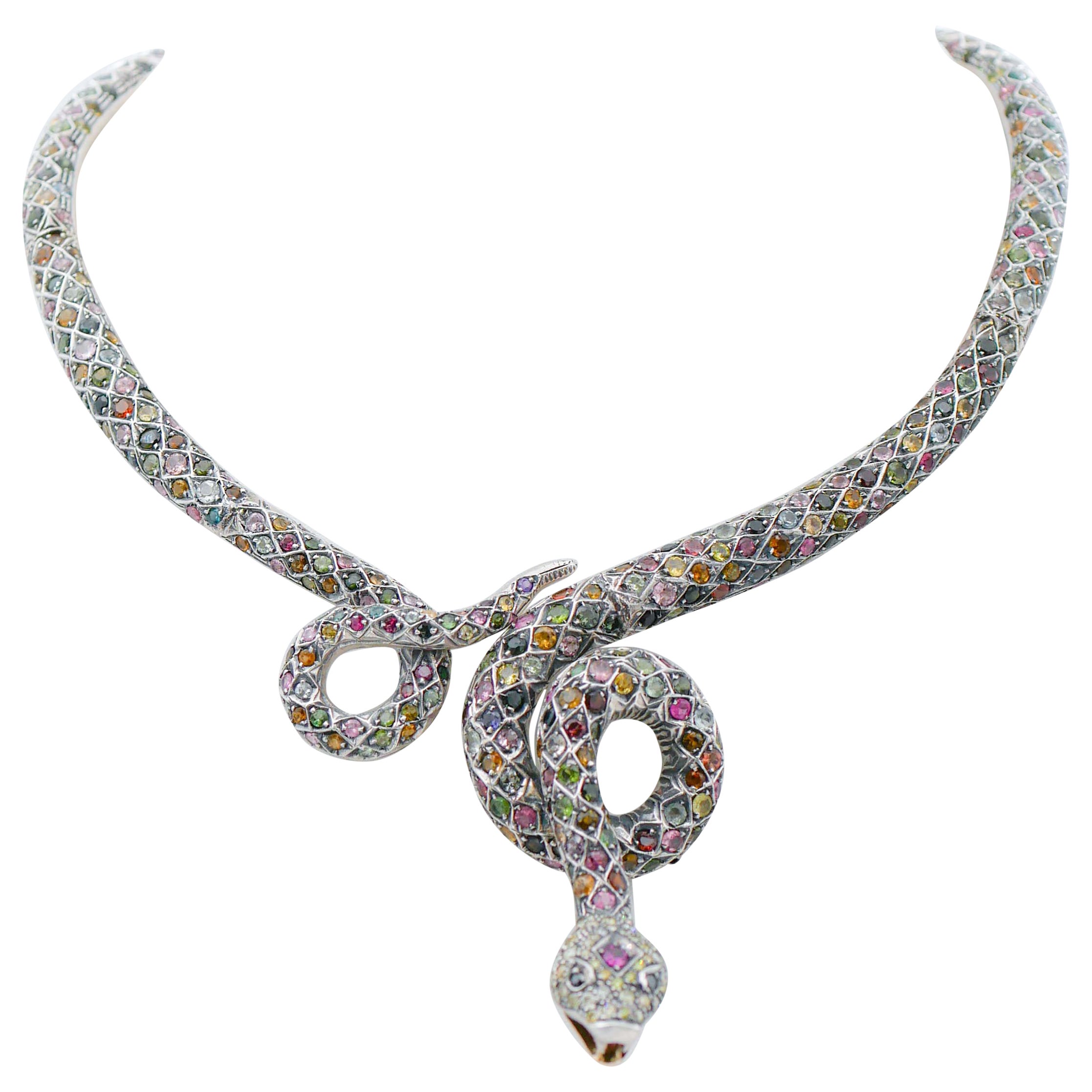 Tormalina, granato, topazio, peridoti, ametista, diamante Collana in oro e argento