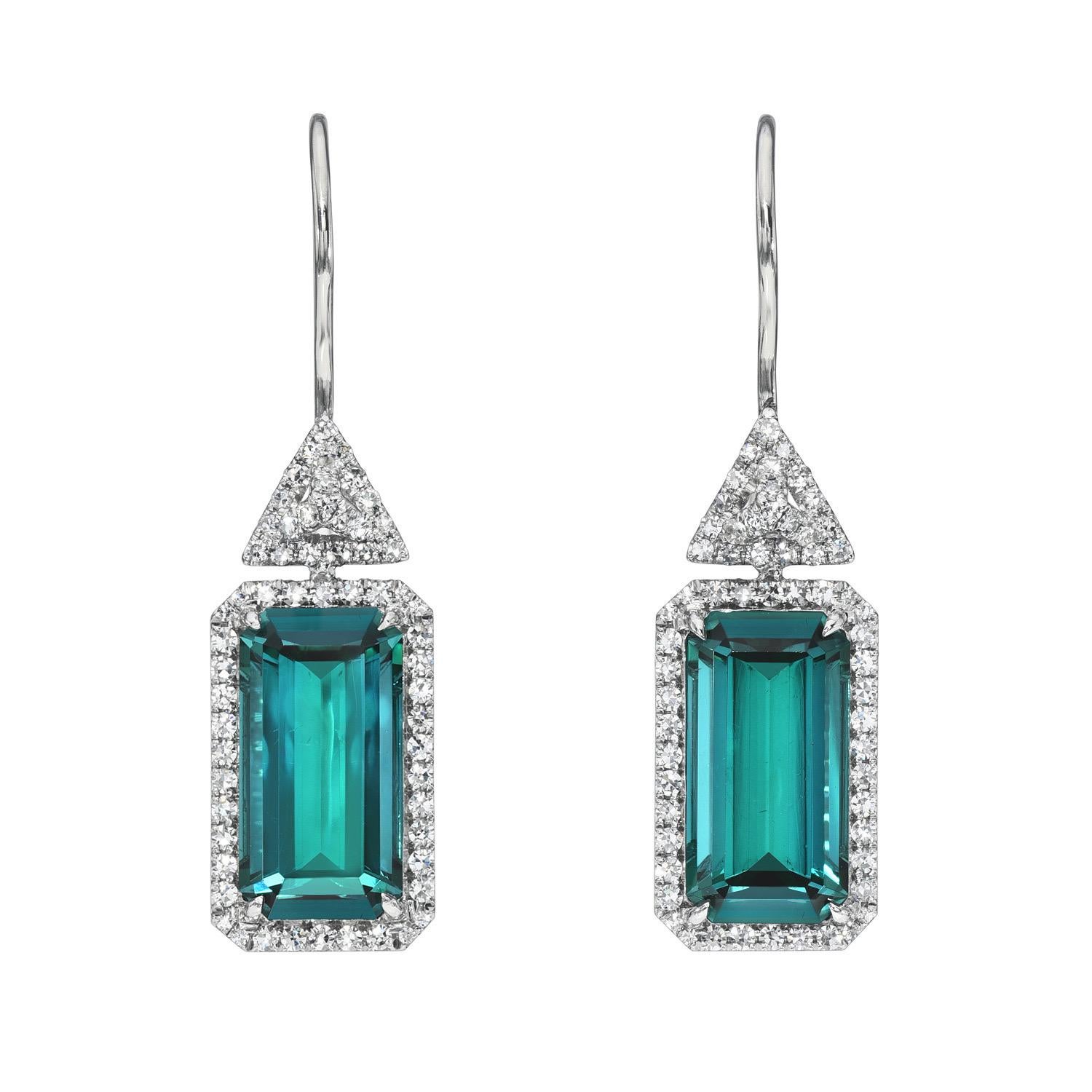 Art Deco Tourmaline Indicolite Earrings Emerald Cut 9.87 Carat  For Sale