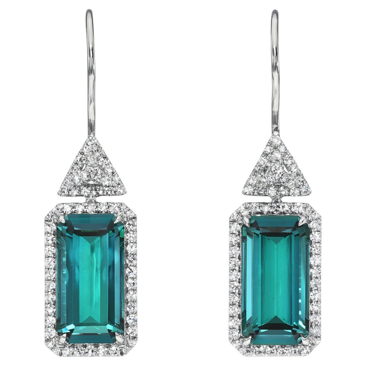 Tourmaline Indicolite Earrings Emerald Cut 9.87 Carat  For Sale