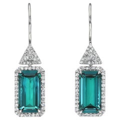 Vintage Tourmaline Indicolite Earrings Emerald Cut 9.87 Carat 