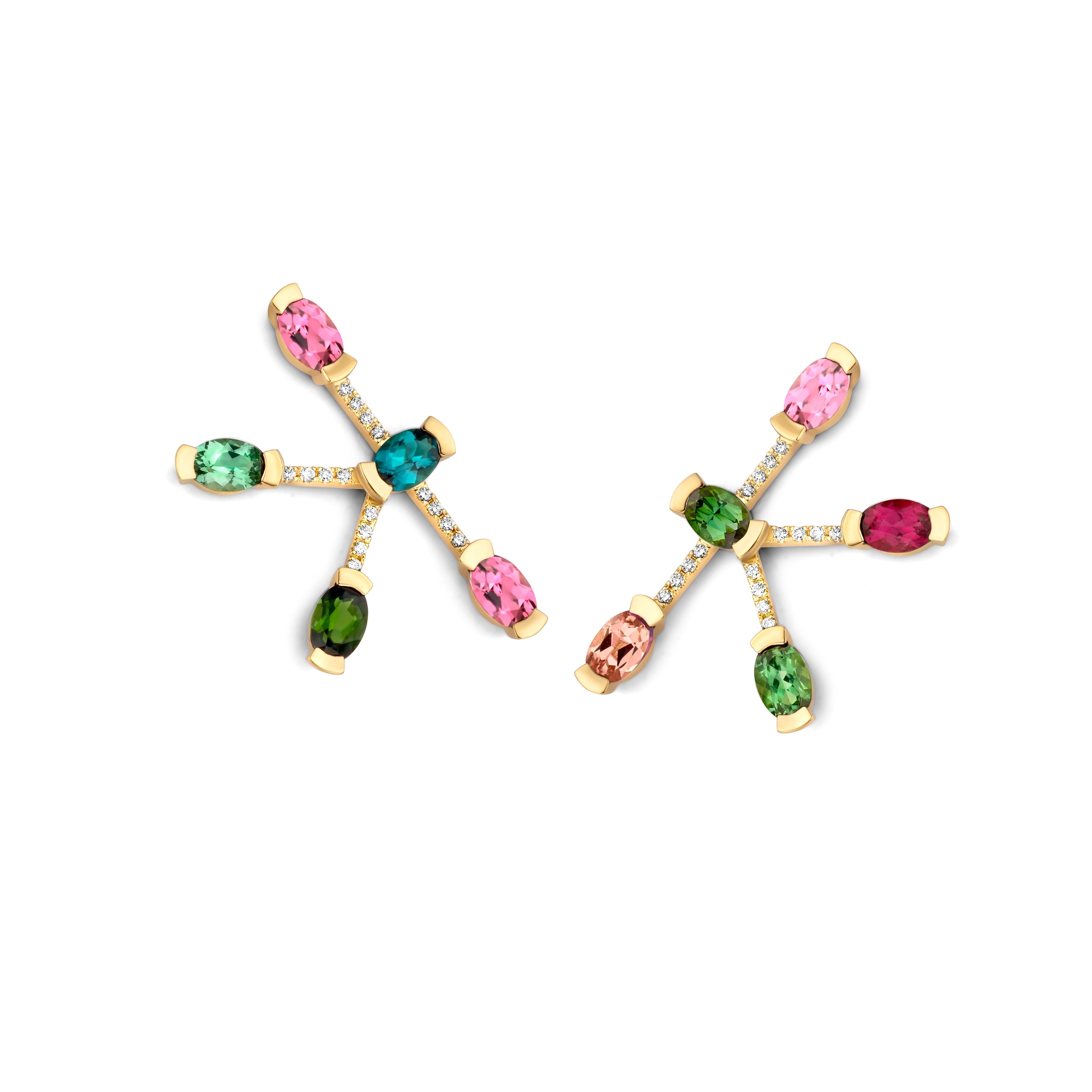 Tourmaline Indicolite Morganite Rubelite Diamond 18k Rose Gold Star Earrings In New Condition For Sale In GENT, BE