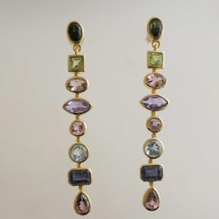 Tourmaline, Iolite, Péridot et Améthyste Longs pendants d'oreilles en argent sterling