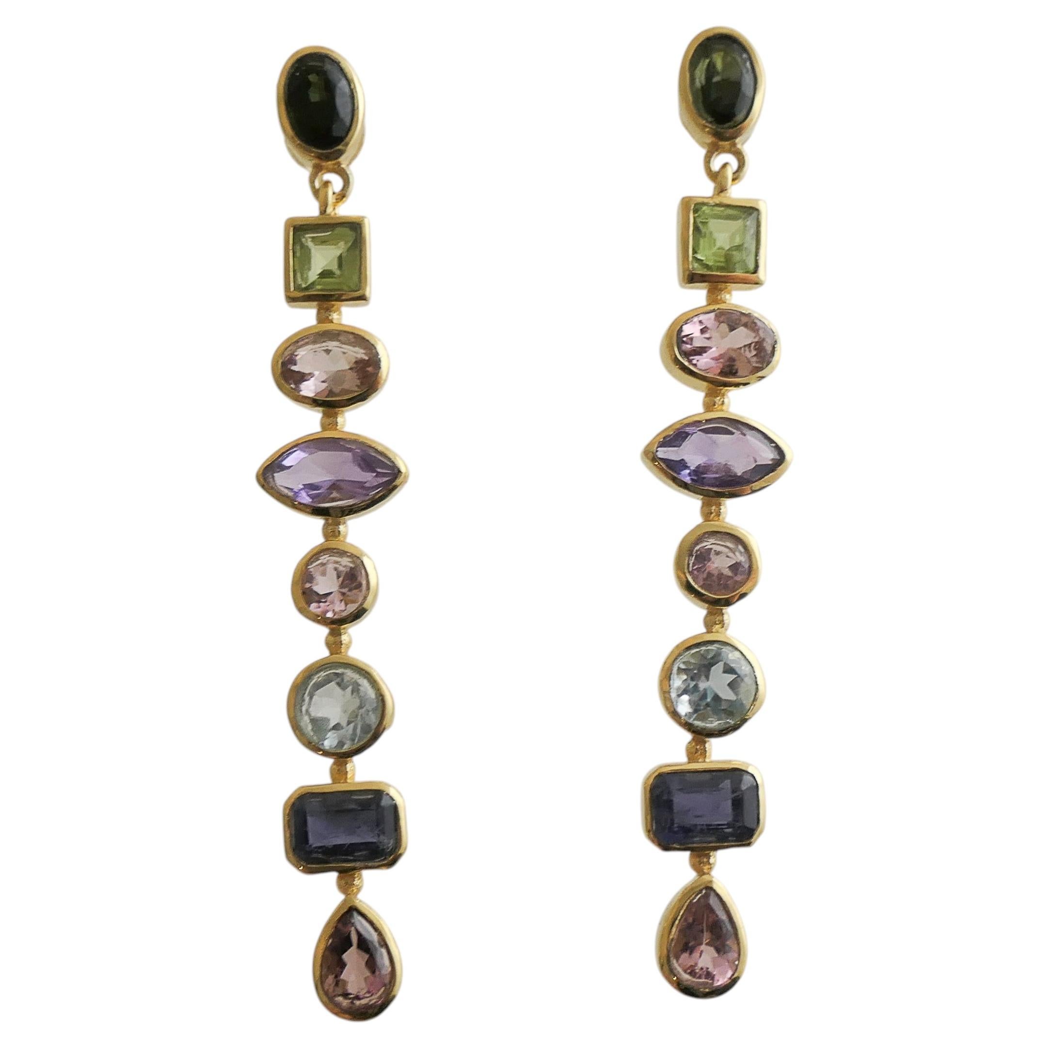 Tourmaline, Iolite, Peridot and Amethyst Long DropGold Sterling Silver Earrings