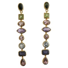 Tourmaline, Iolite, Péridot et Améthyste Longs pendants d'oreilles en argent sterling