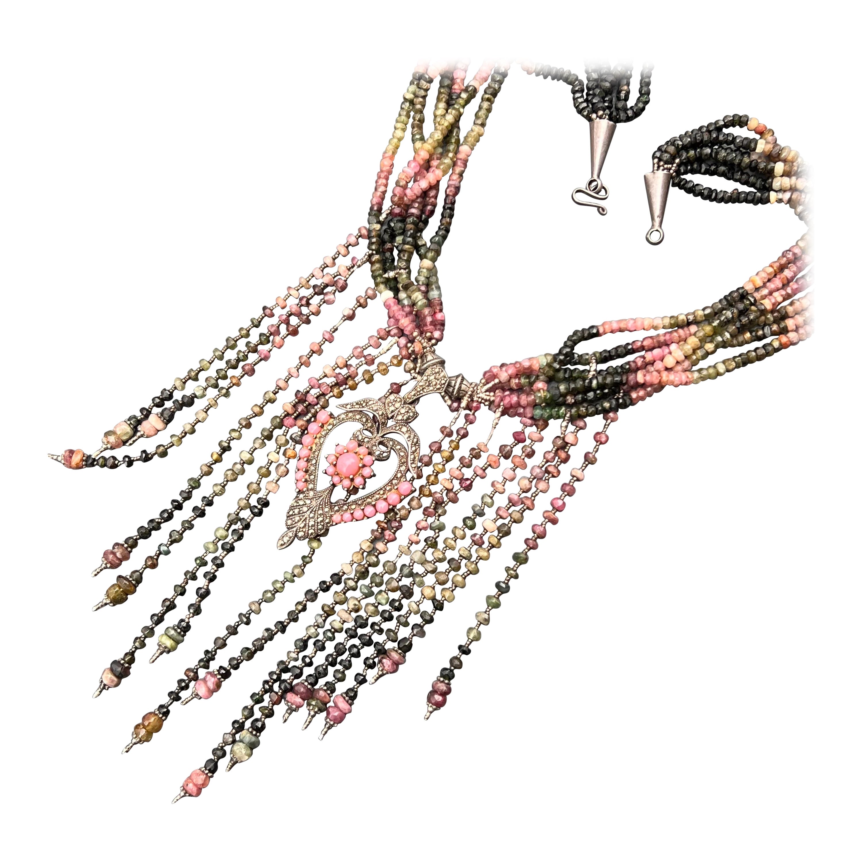 Tourmaline Iolite Sterling Silver Bib Statement Necklace For Sale