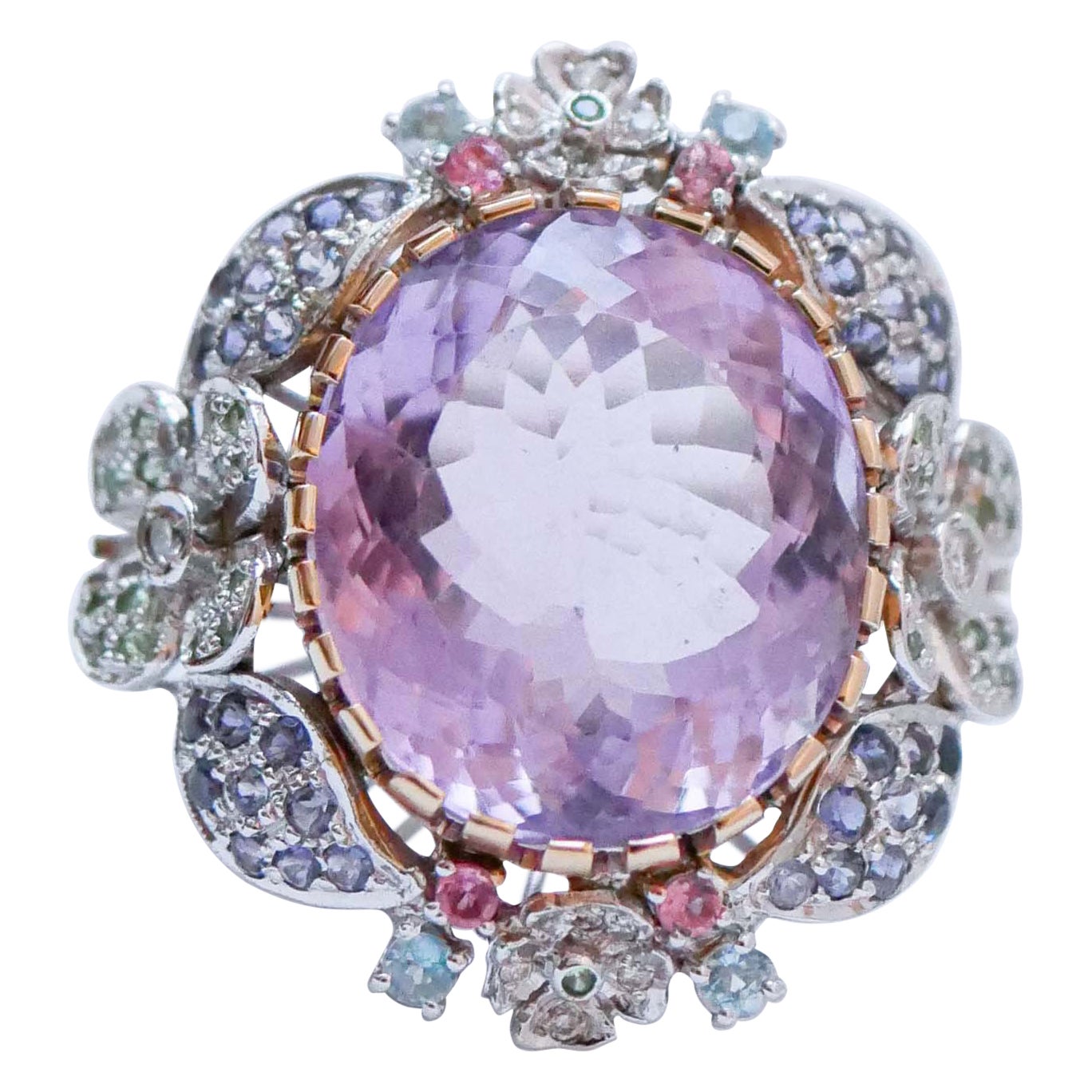 Bague en or blanc 14 carats, tourmaline, iolite, topaze, péridots, améthyste, diamants