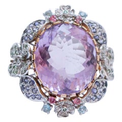 Bague en or blanc 14 carats, tourmaline, iolite, topaze, péridots, améthyste, diamants