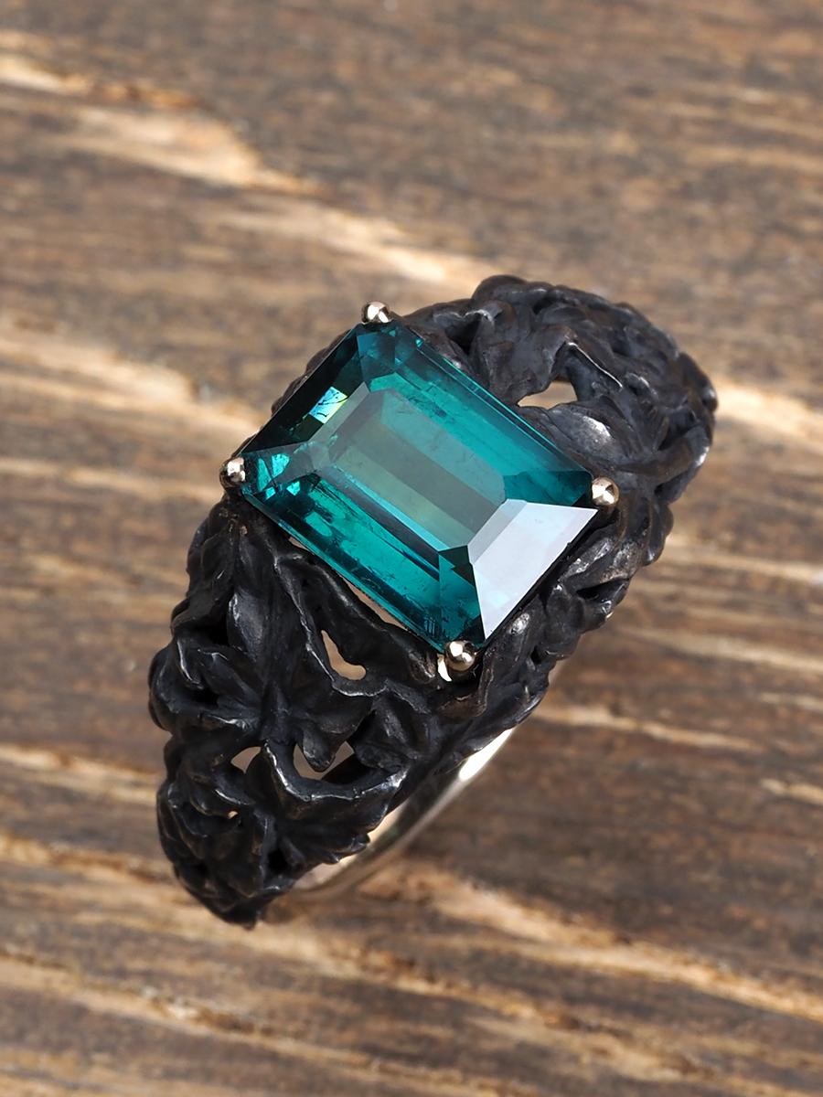 Tourmaline gold silver ring Indicolite Gemstone Art Nouveau style Engagement For Sale 6