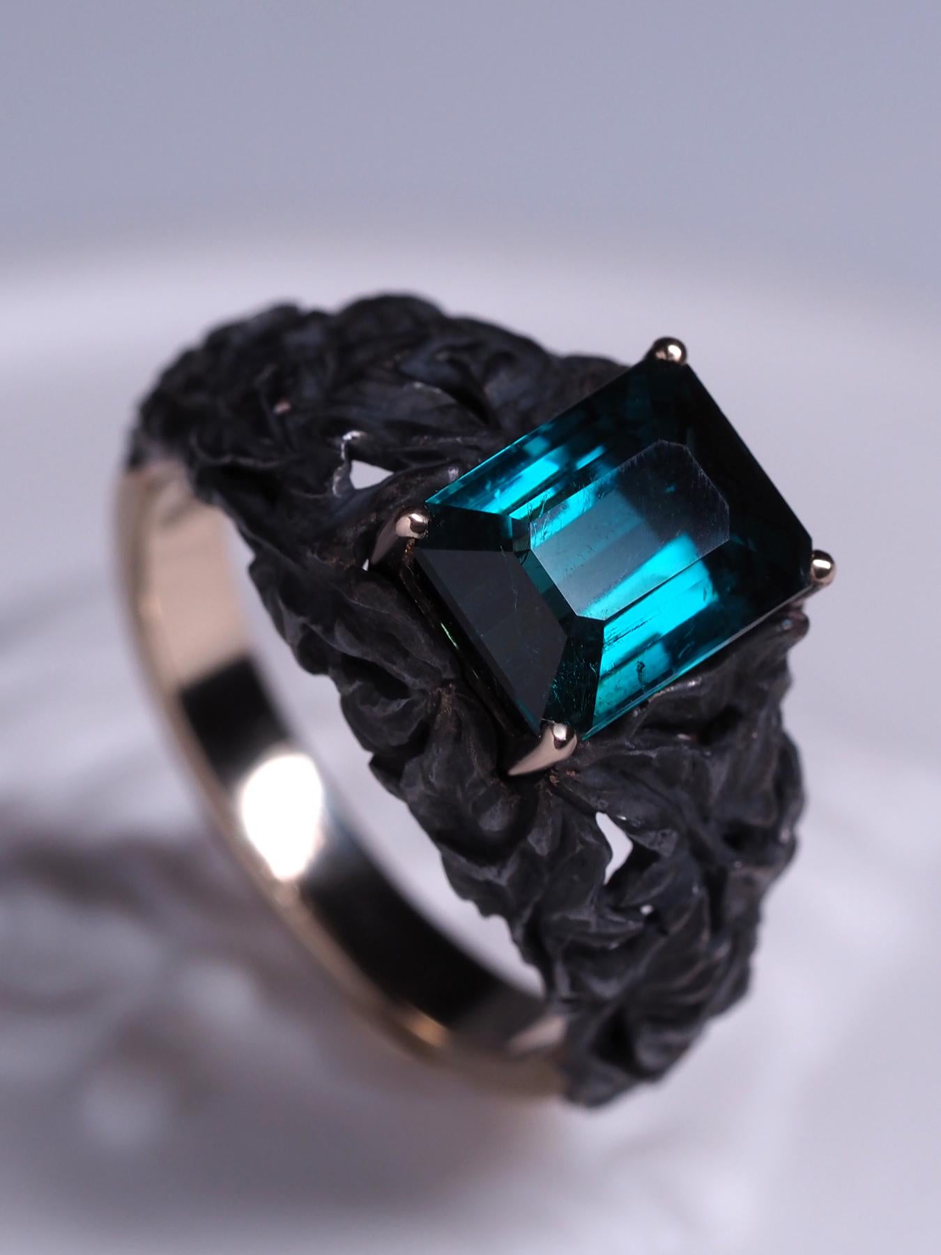 Tourmaline gold silver ring Indicolite Gemstone Art Nouveau style Engagement For Sale 8