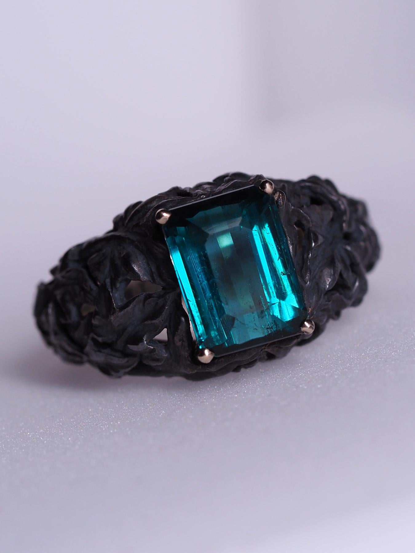 Tourmaline gold silver ring Indicolite Gemstone Art Nouveau style Engagement For Sale 11