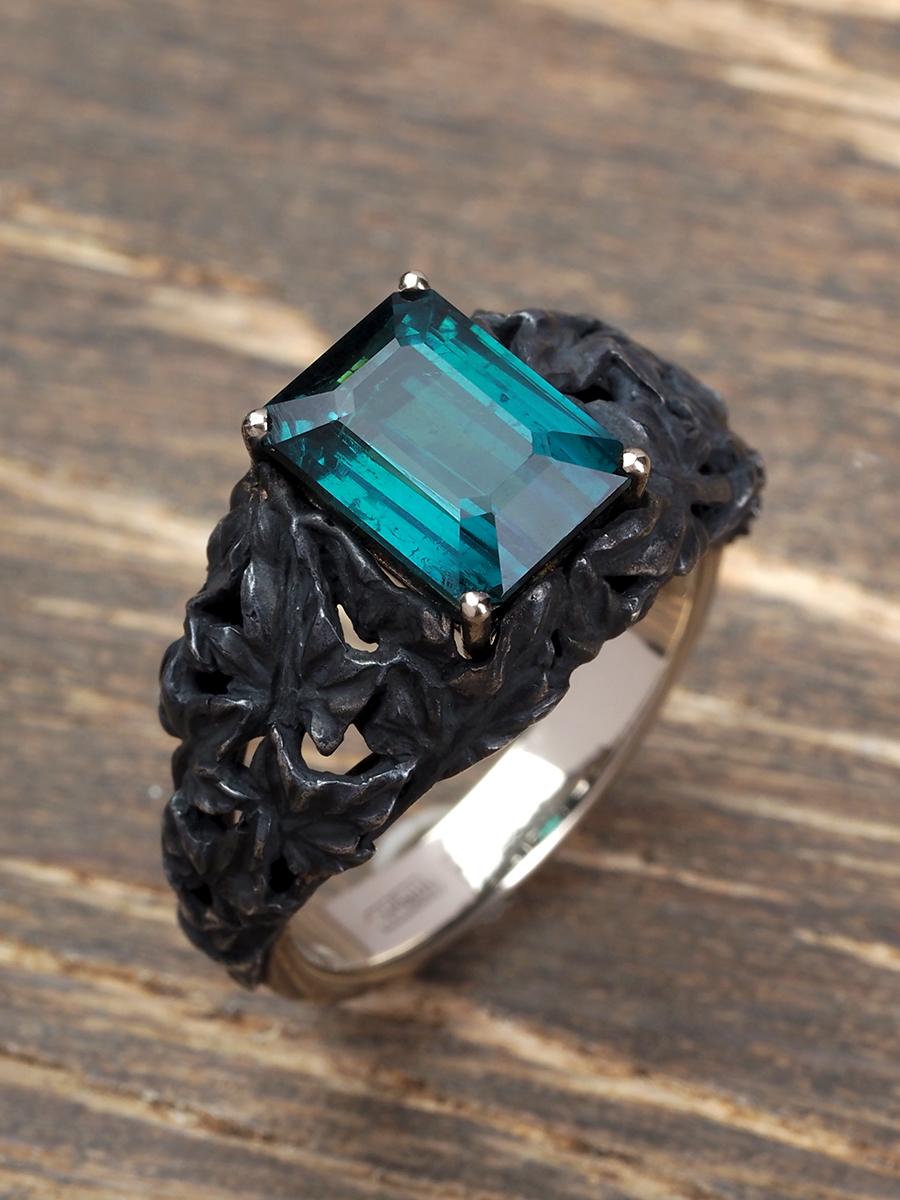 Tourmaline gold silver ring Indicolite Gemstone Art Nouveau style Engagement For Sale 3