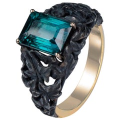 Bague de fiançailles style Art nouveau en or et argent avec tourmaline indicolite pierre précieuse