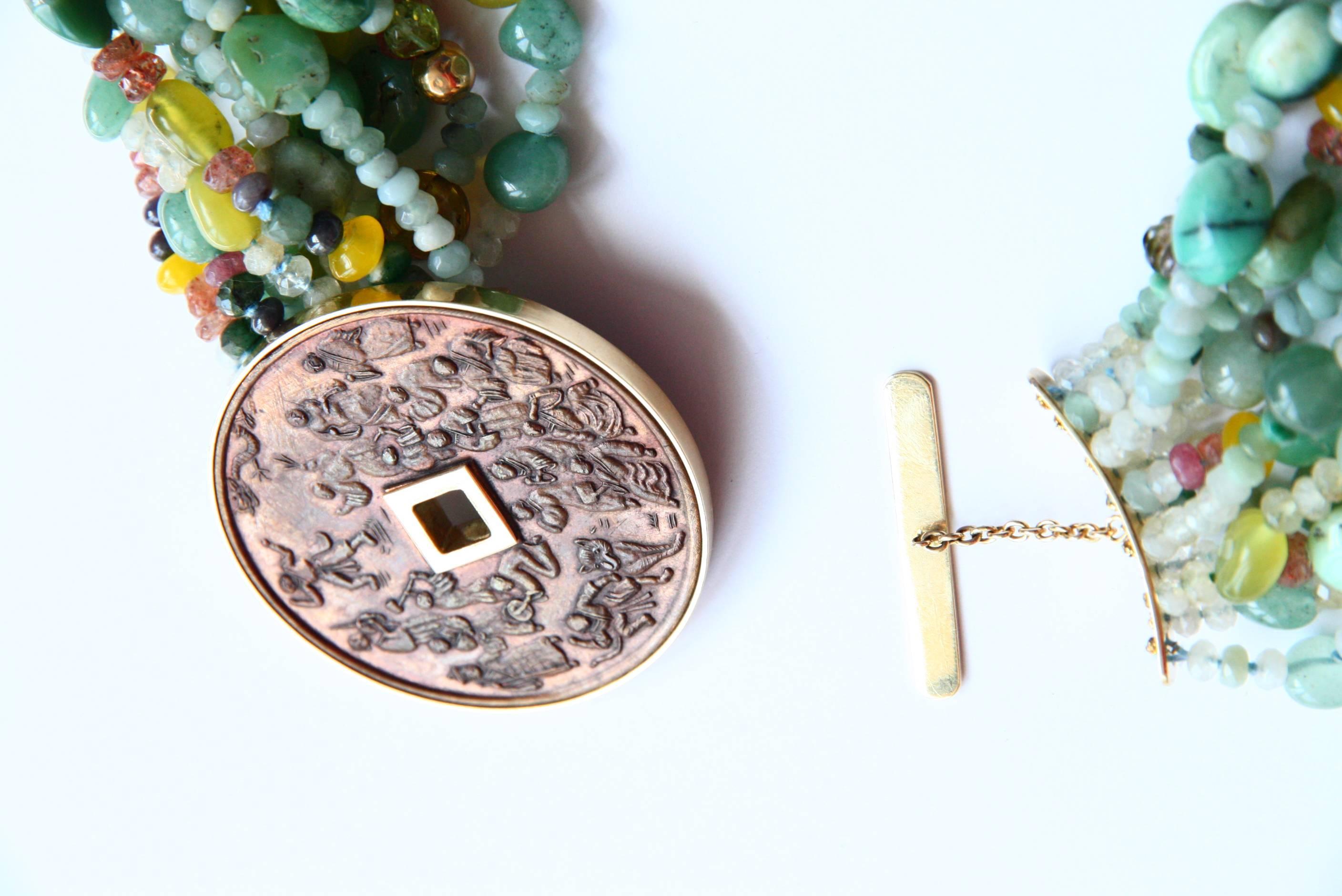 Women's or Men's Tourmaline Jade Amazzonite Coin 18 Karat Gold Torchon Necklace For Sale