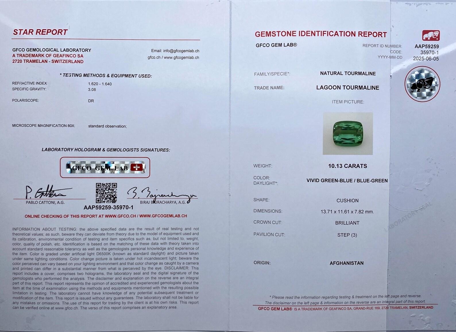 Tourmaline Lagoon 10.13Ct natural gemstone, Cushion cut, Afghanistan, GIA, GFCO In New Condition For Sale In Daugavpils, LV